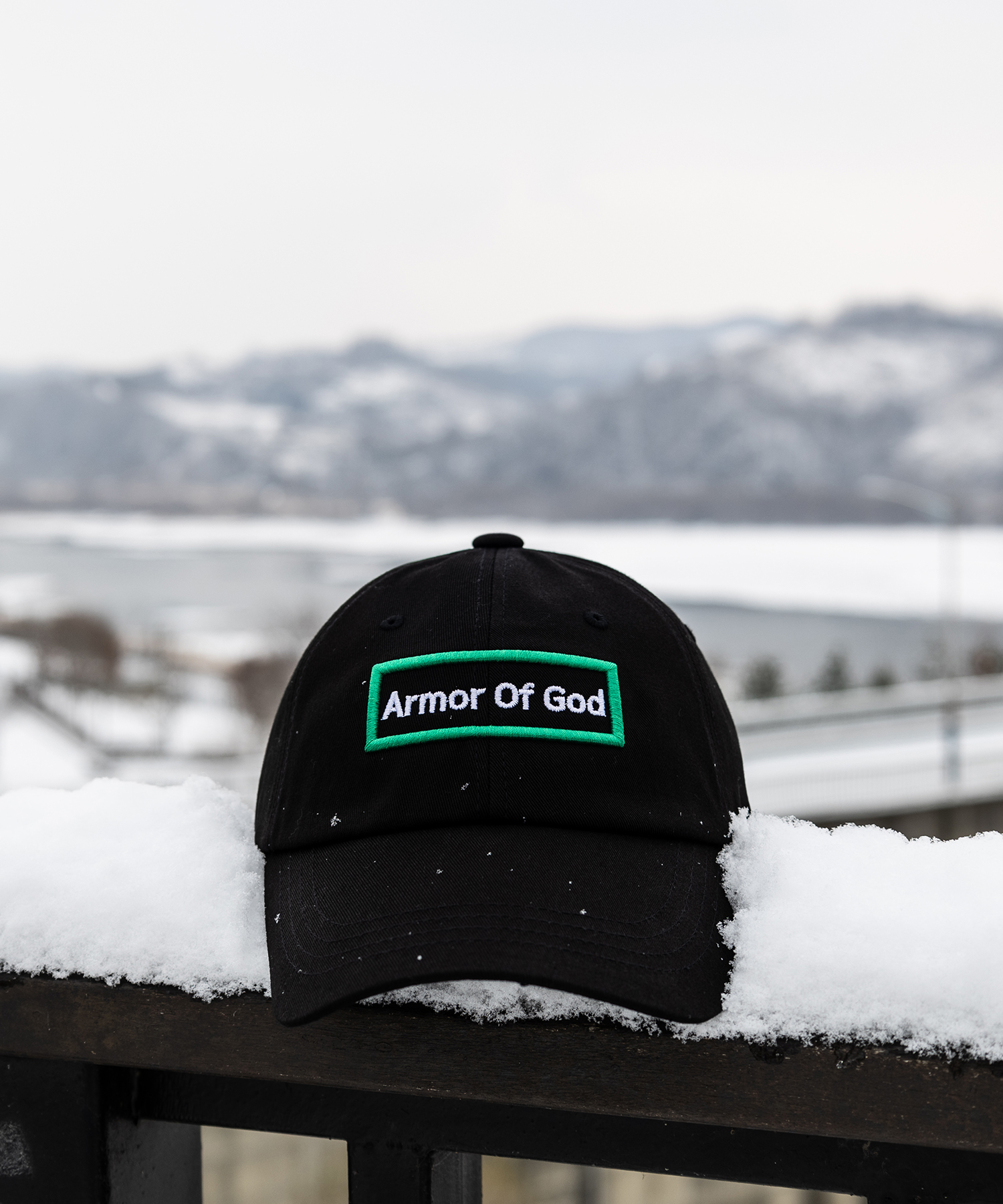 아머오브갓 박스로고 볼캡 블랙그린 (ARMOR OF GOD box logo ballcap)